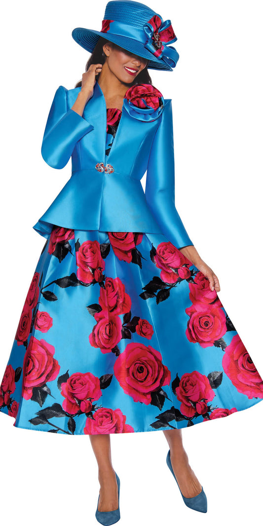 GMI - 9832 - Diva Blue Multi - Floral Twill 3pc Skirt Suit