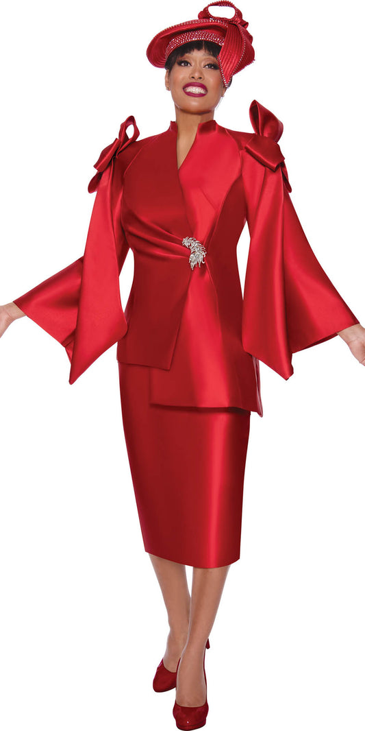 GMI - 9992 - Red - Shoulder Bow Asymmetrical Twill 3pc Skirt Suit