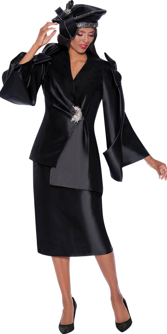 GMI - 9992 - Black - Shoulder Bow Asymmetrical Twill 3pc Skirt Suit