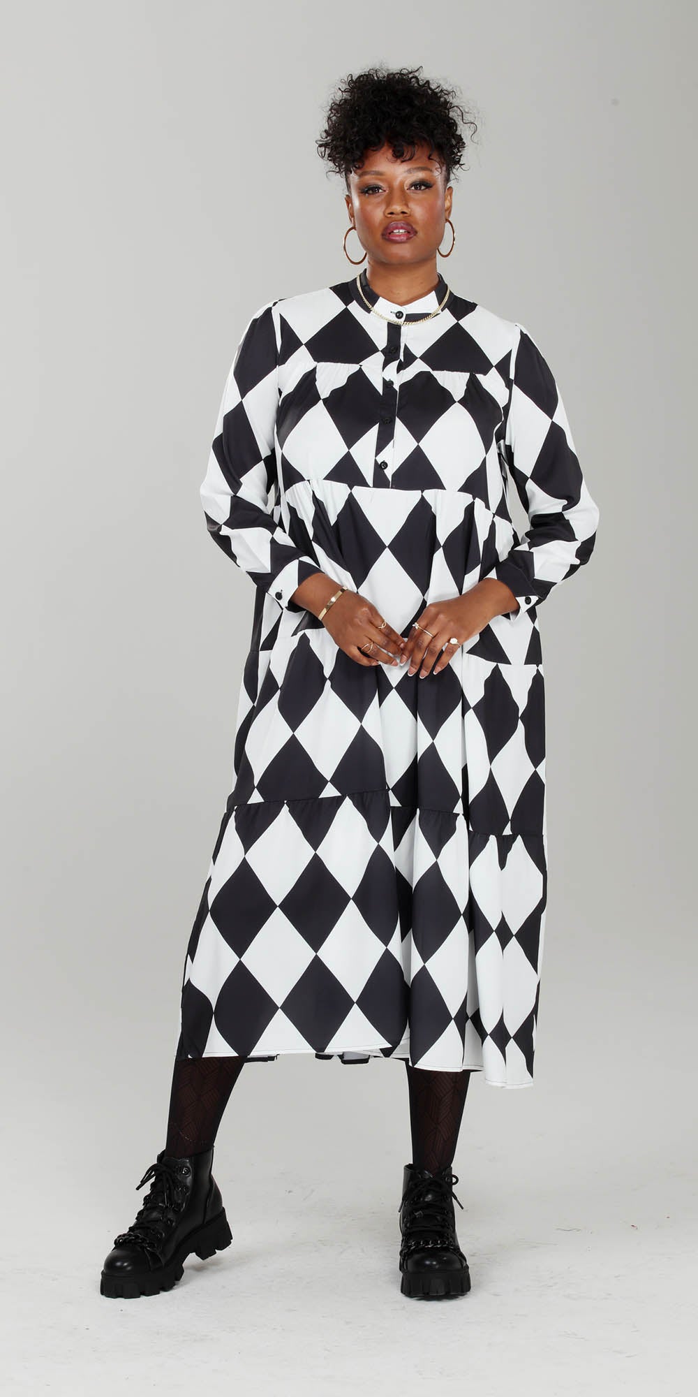 Luxe Moda - LM217 Black White - Checker Print Tiered Button-front Dress