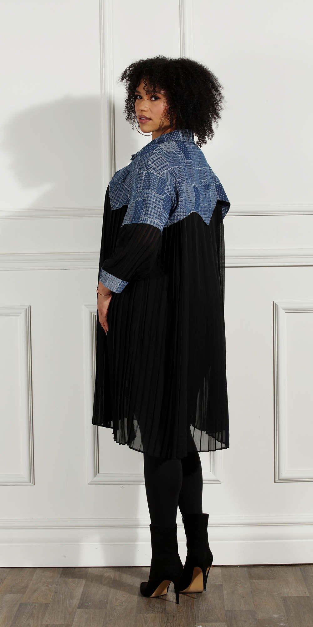 Luxe Moda - LM221 - Blue Black - Patchwork Sheer Pleated Dress