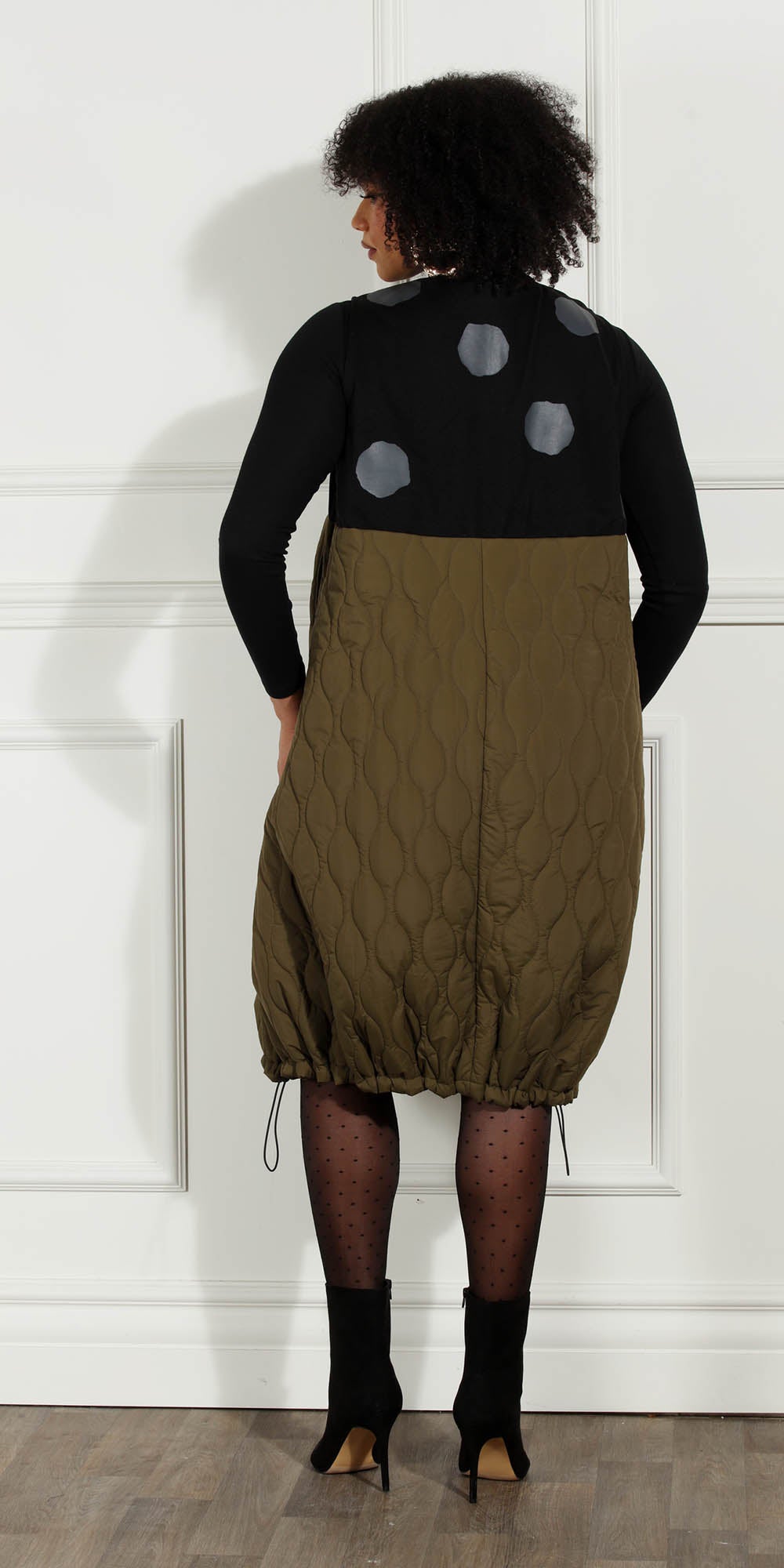 Luxe Moda - LM227 - Olive Black Sleeveless Dotted Drawstring Hemline Skirt Dress