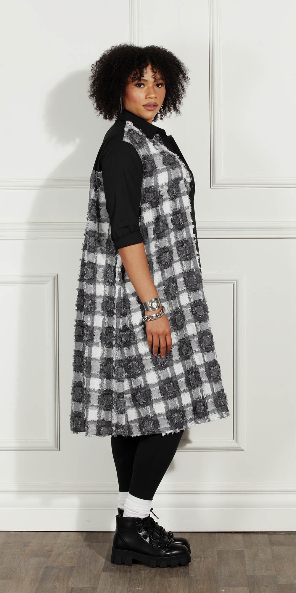 Luxe Moda - LM228 - White Black - Frayed Checker Print Button-front Dress