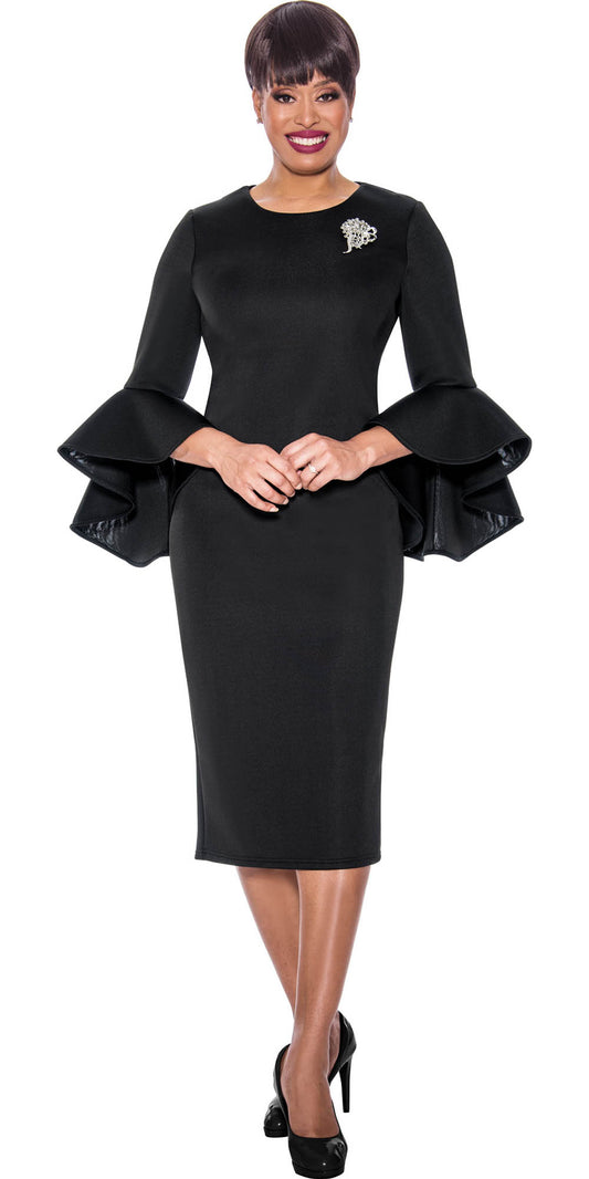 Dresses by Nubiano - 12081 - Black - Bell Sleeve Dress with Brooch