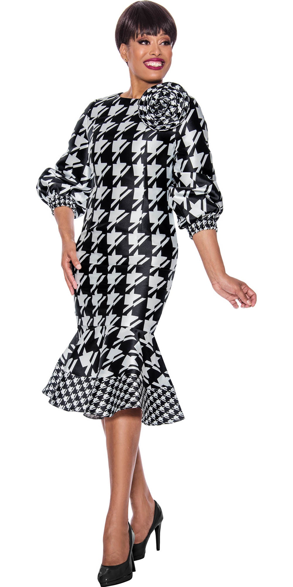 Dresses by Nubiano - 12101 - Black White - Houndstooth Twill Dress