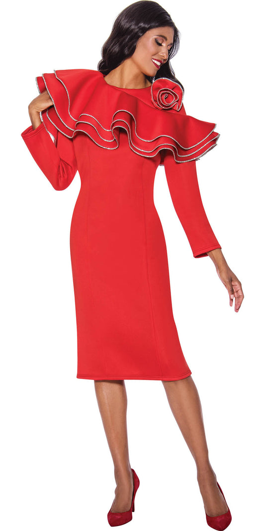 Dresses by Nubiano - 12121 - Red - Embellished Layered Ruffle Collar Scuba Fabric Dress