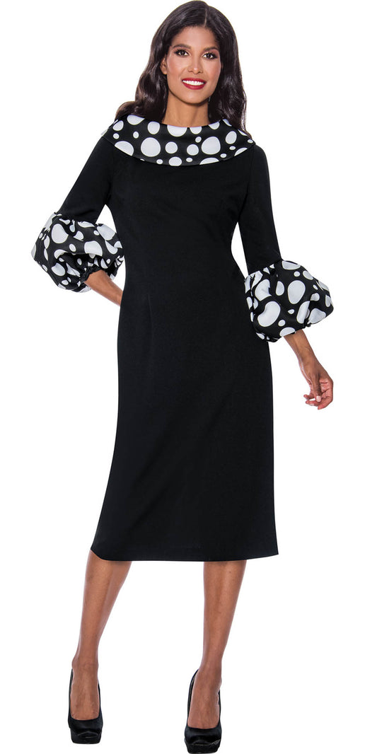 Dresses by Nubiano - 12151 - Black White - Dot Print Collar and Cuffs Dress