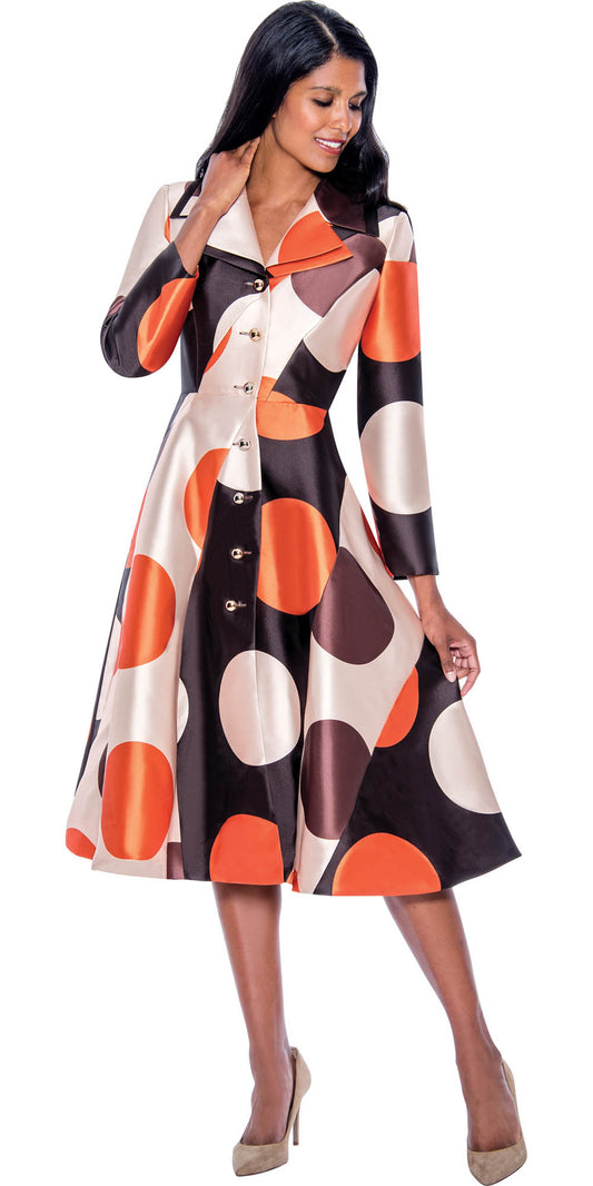 Nubiano Dresses DN1291 - Brown - Button Front Dot Print Dress With Layered Notch Lapels