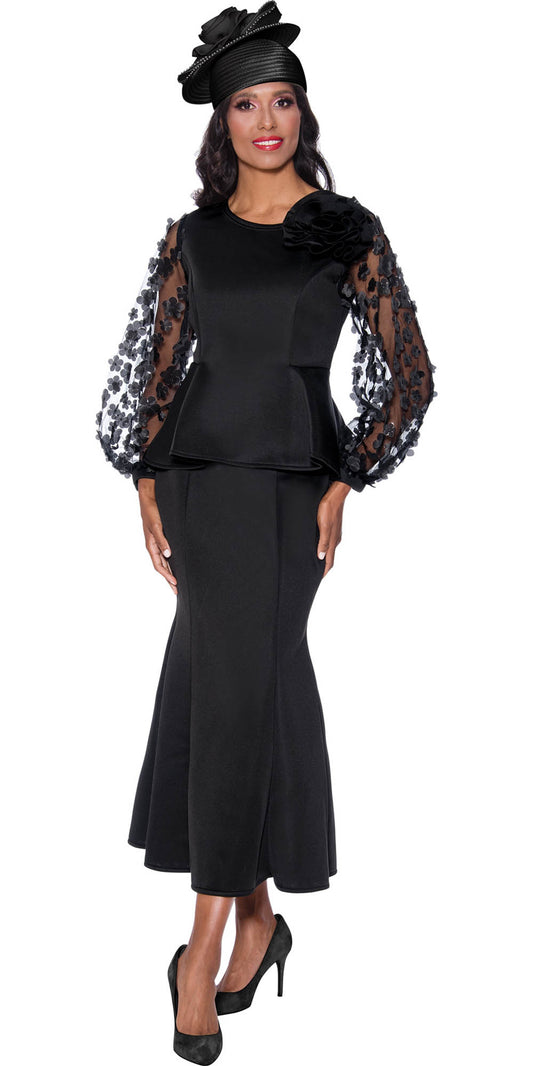 Stellar Looks - SL1552 - 2 PC Black Scuba Skirt Suit With Mesh Petal Sleeves