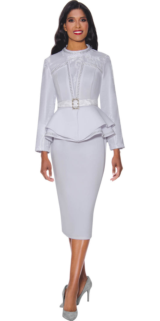 Stellar Looks - 1742 - White - Belted Scuba 2pc Skirt Suit