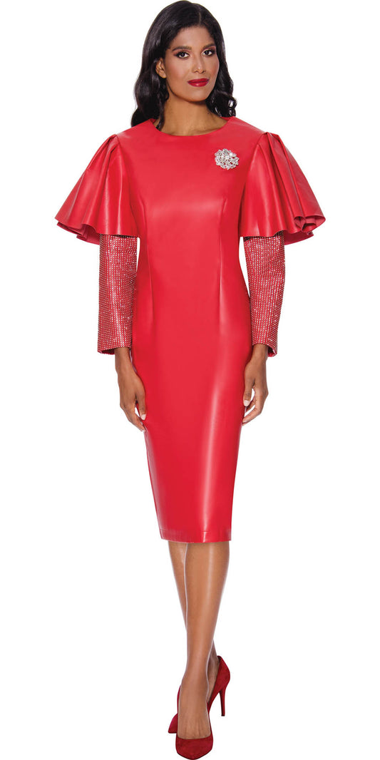 Stellar Looks - 1761 - Red - Faux Leather Sequin Sleeve Dress