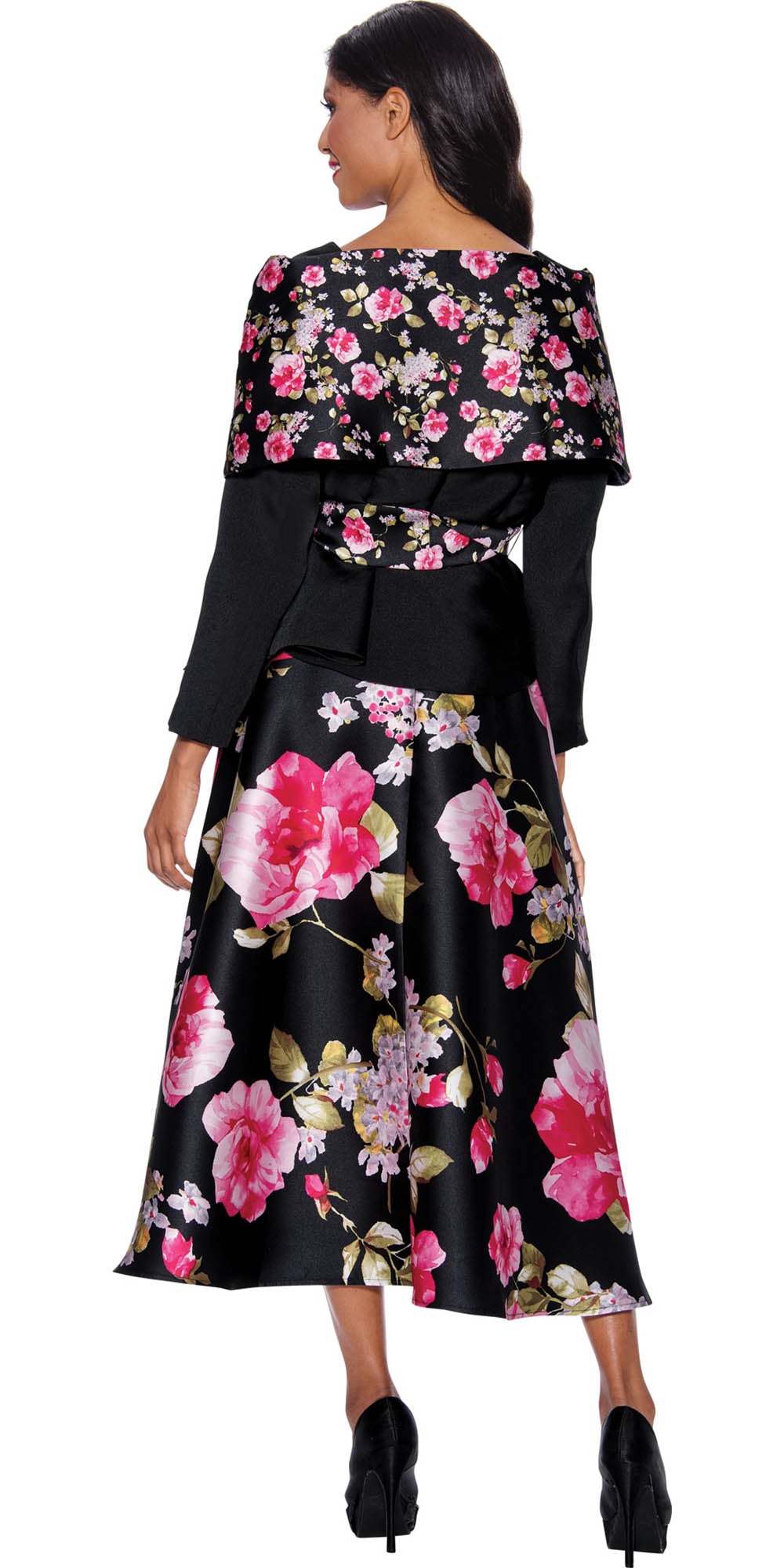 Stellar Looks - 1832 - Black Multi - Floral Print Twill 2pc Skirt Set