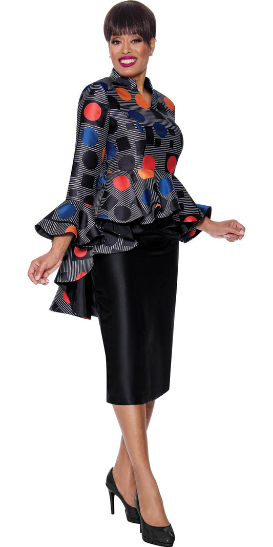 Stellar Looks - 1842 -  Black Multi - Print Twill High-low Ruffle 2pc Skirt Set
