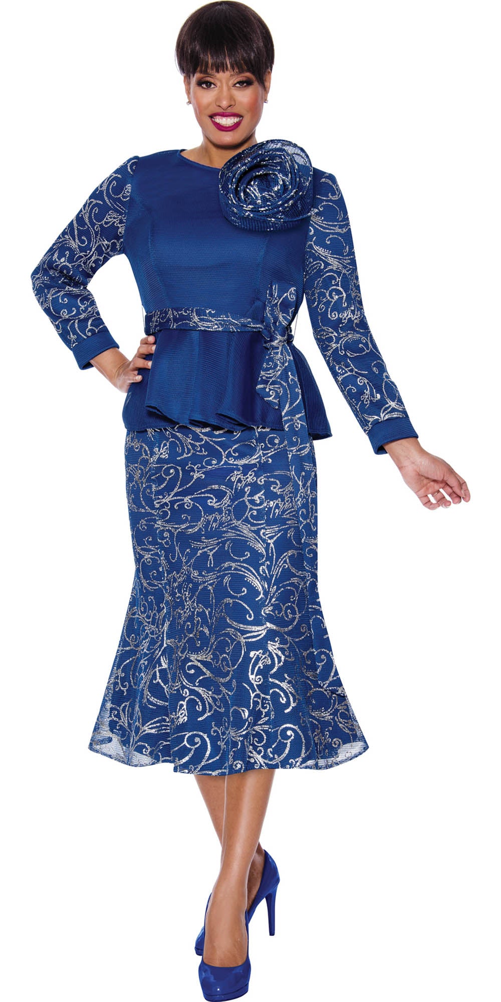 Stellar Looks - 1852 - Royal - Mesh Fabric Print 2pc Skirt Suit