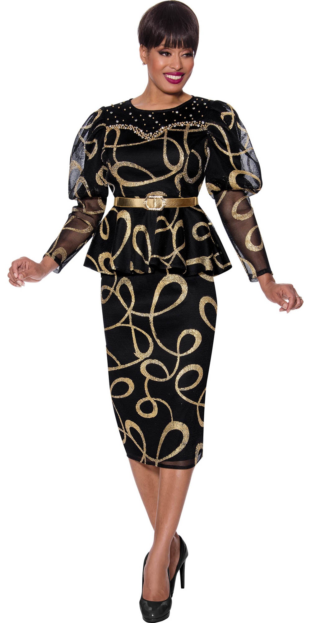 Stellar Looks - 1862 - Black Gold Belted Mesh Fabric Print 2pc Skirt Suit