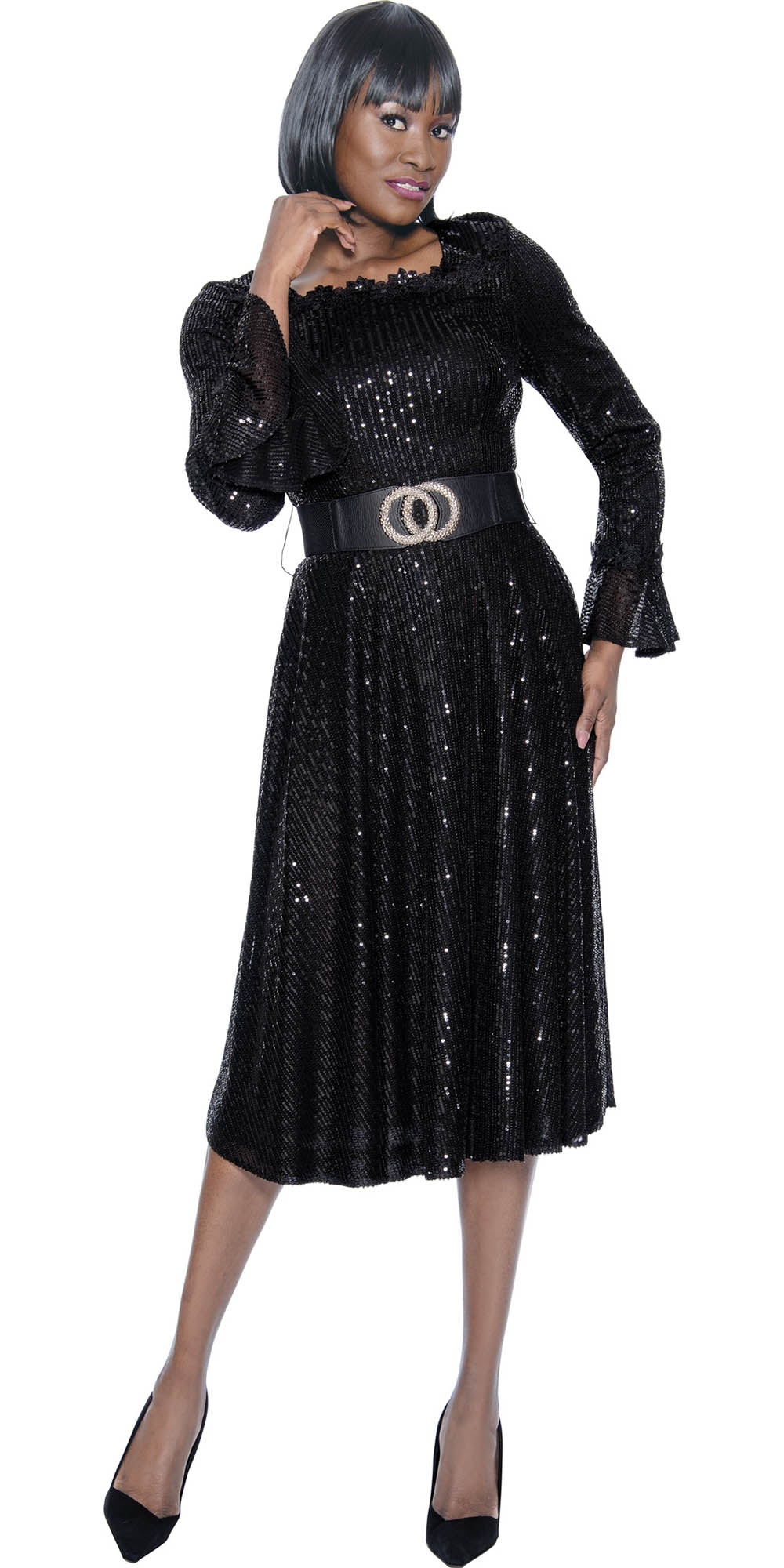 Terramina - 7084 - Black - Belted Sequin Overlay Dress