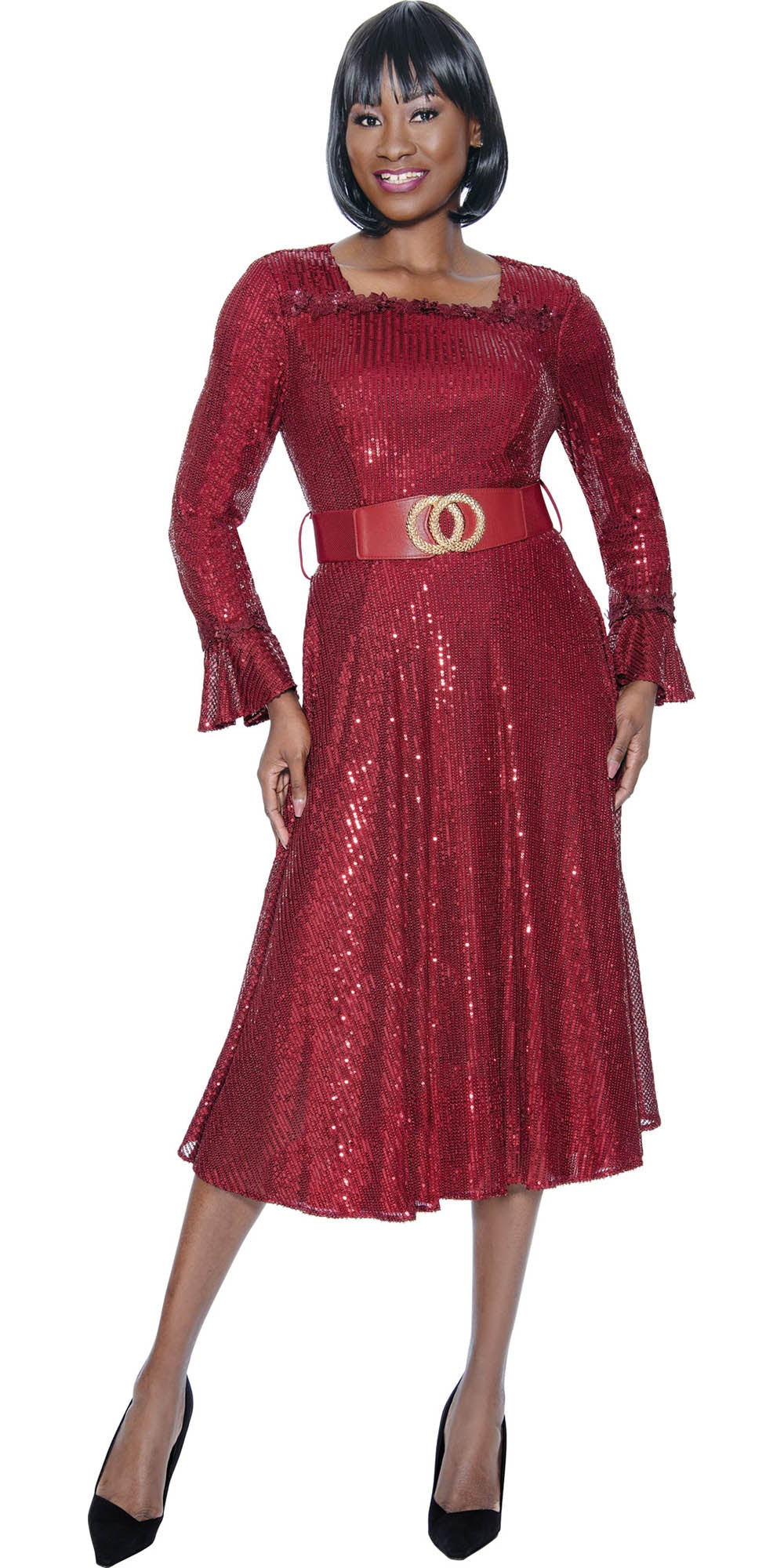 Terramina - 7084 - Burgundy - Belted Sequin Overlay Dress