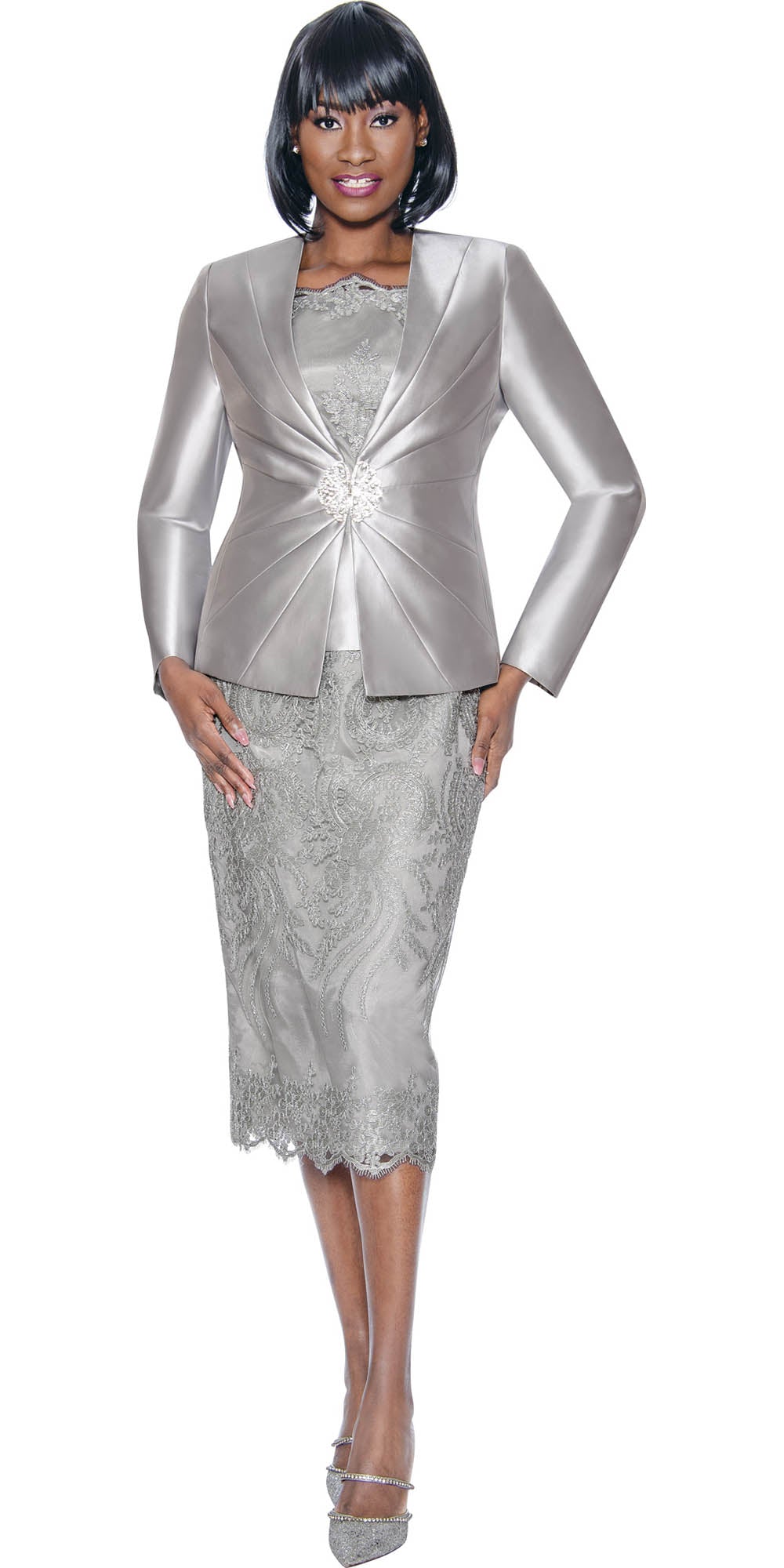 Terramina - 7817 - Silver - Embroidered Lace 3pc Skirt Suit