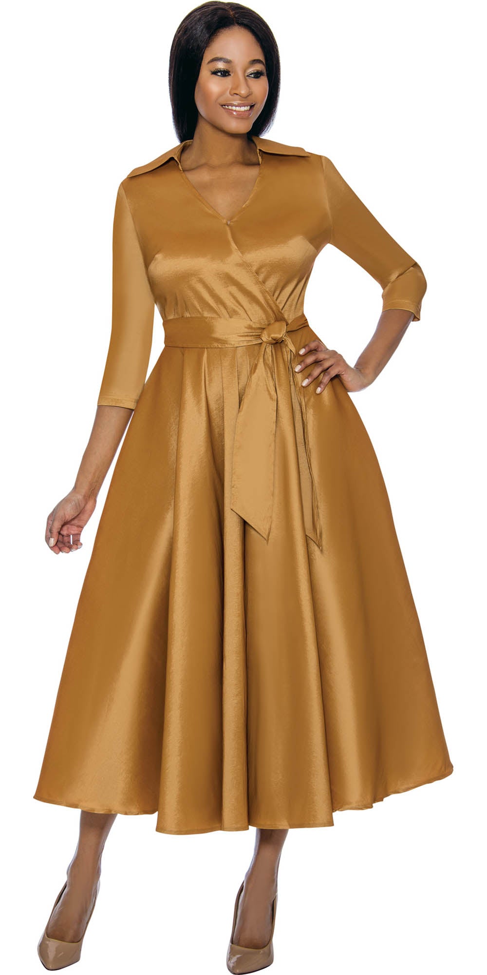 Terramina - 7869 - Gold - Silk Look Dress With Sash Belt