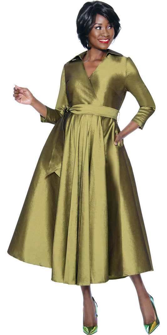 Terramina - 7869 - Olive - Silk Look Dress With Sash Belt