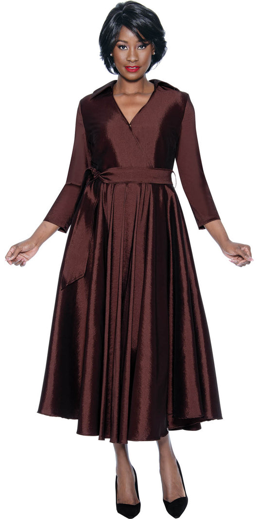 Terramina - 7869 - Brown - Silk Look Dress With Sash Belt