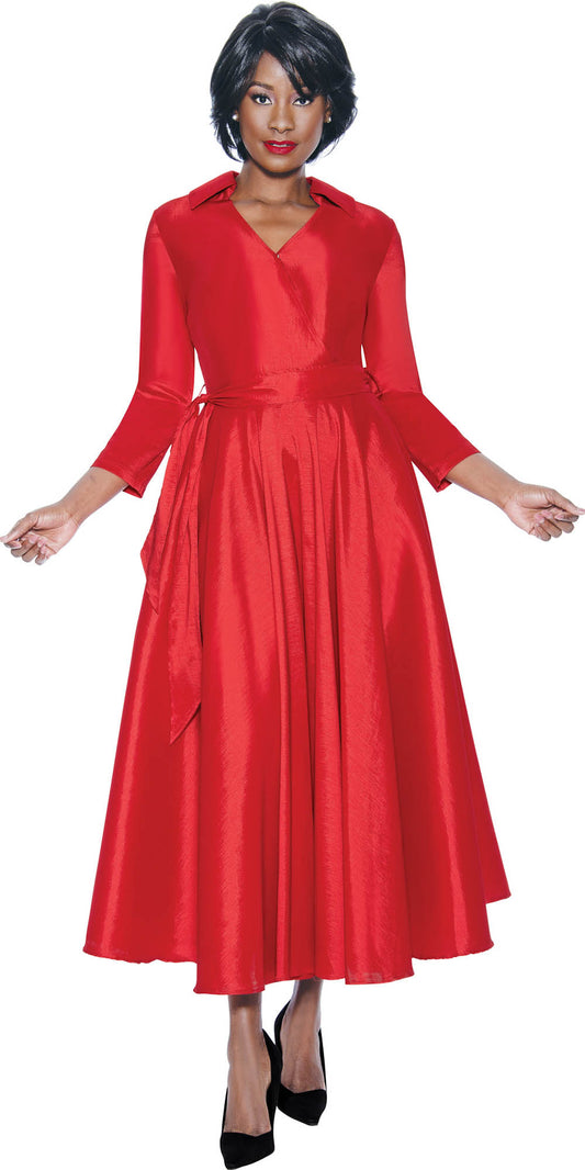 Terramina - 7869 - Red - Silk Look Dress With Sash Belt