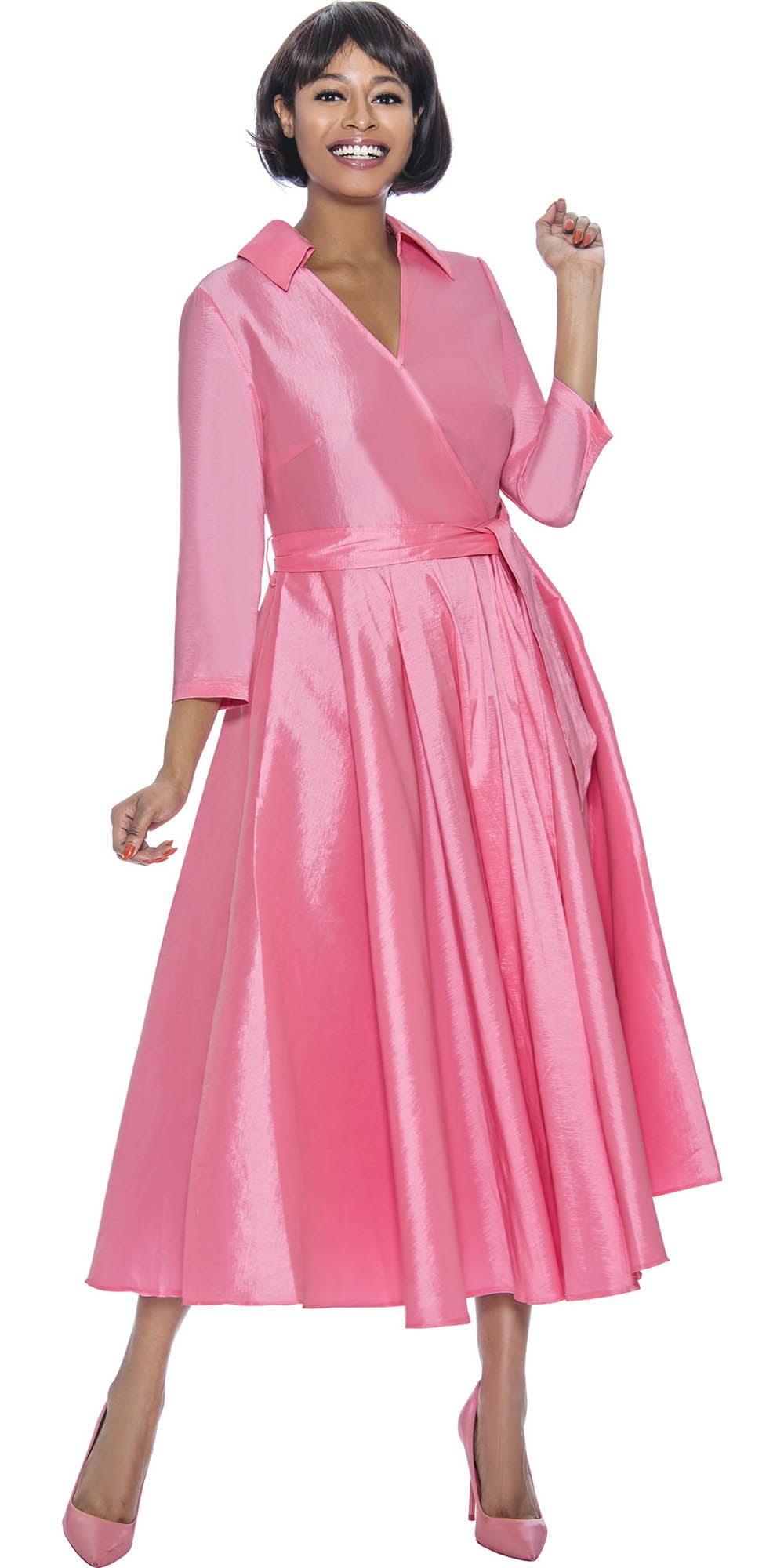 Terramina - 7869 - Pink - Silk Look Dress With Sash Belt