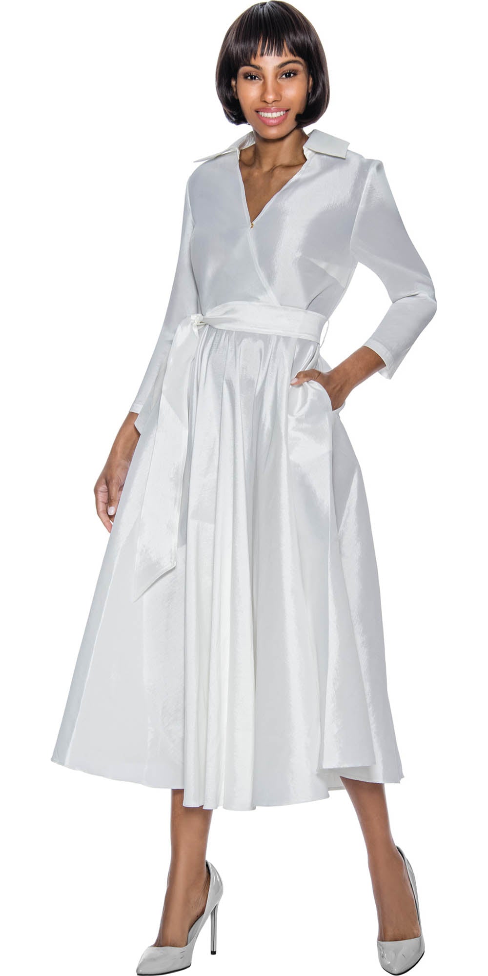 Terramina - 7869 - Off White - Silk Look Dress With Sash Belt