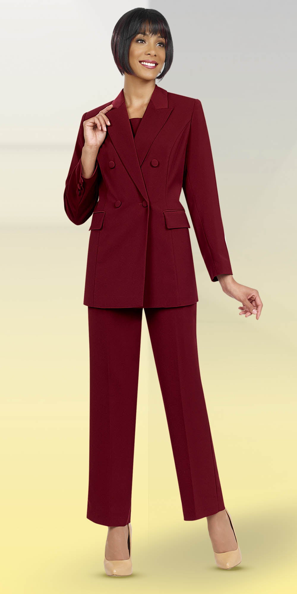 Ben Marc Executive 10498-Burgundy - Double Breasted Pant Suit For Women