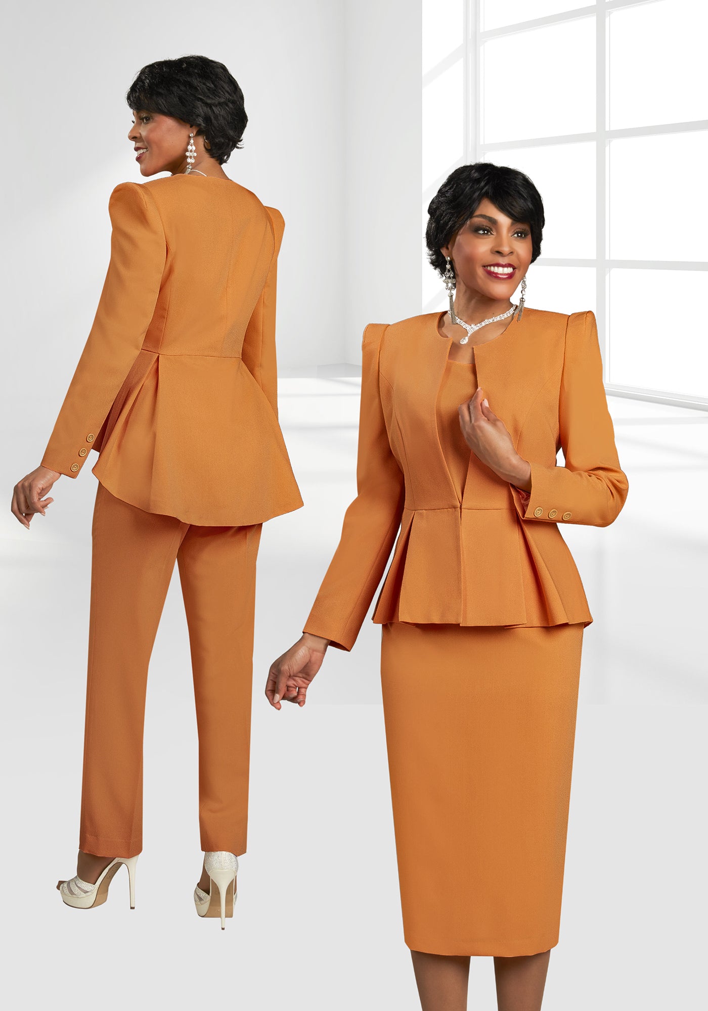Ben Marc Executive 11993 - Tangerine - Four Piece Wardrober Set With Point Shoulder Peplum Jacket