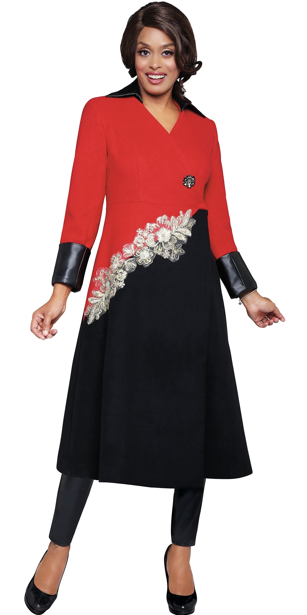 DCC - DCC101CT - Black / White / Red - Womens Cuffed Long Coat