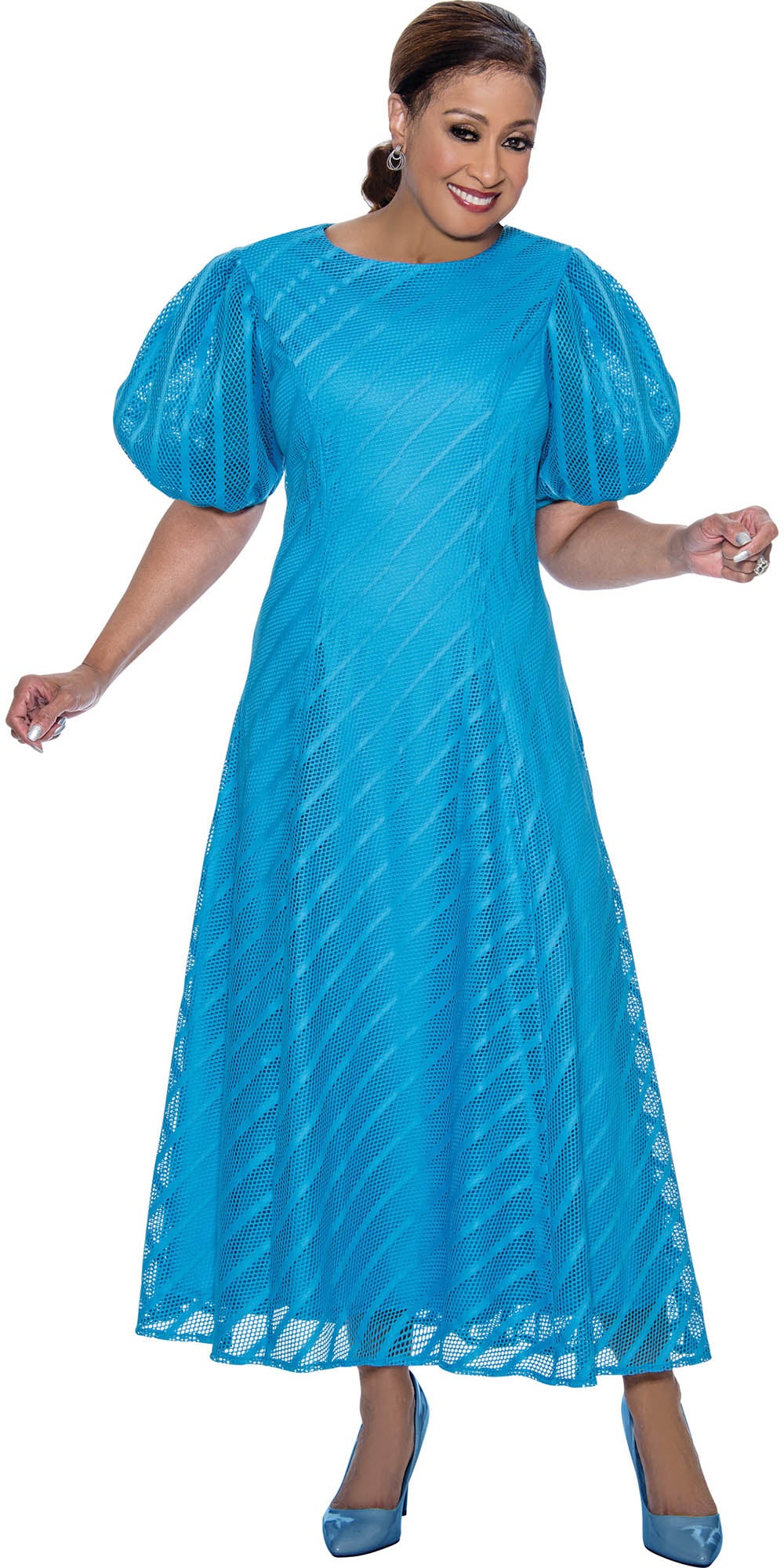 DCC - DCC4121- Turquoise Mesh Maxidress with Short Puff Sleeves
