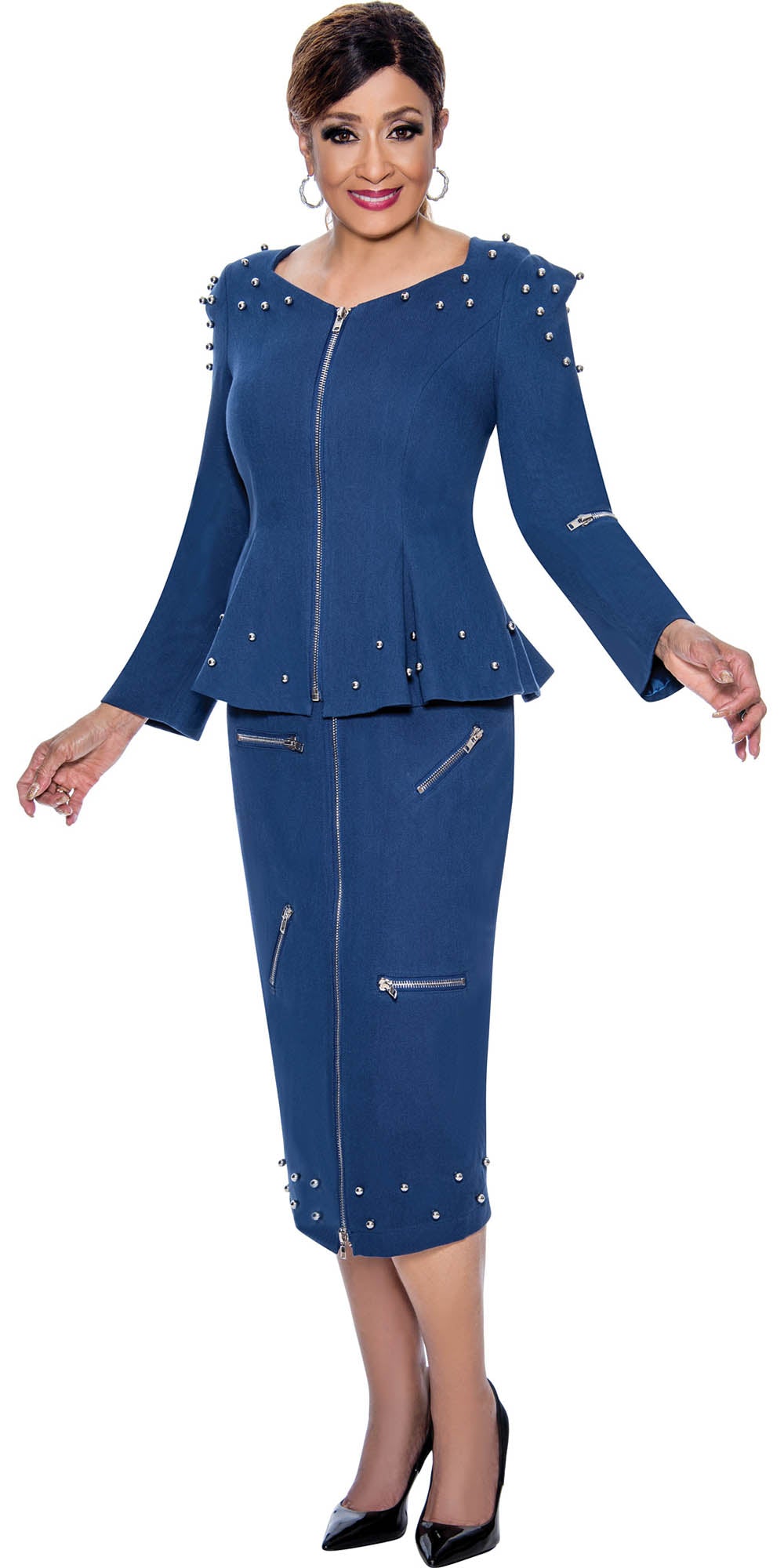 DCC - DCC4542 - Blue Embellished Twill Skirt Suit with Zipper Details