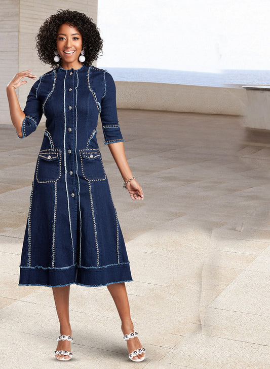 DV Jeans - 8454 - Soft Stretch Denim Dress With Silver Studs and Rhinestone Buttons