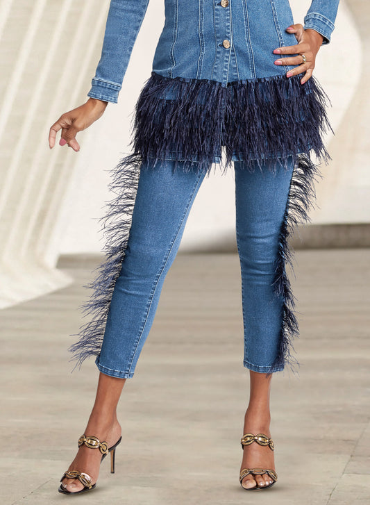 DV Jeans - 8456P- Premium Soft Stretch Denim Pants Trimmed with Feathers
