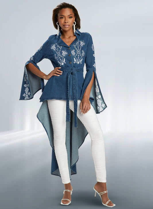 DV Jeans - 8473 - High Quality Washed Stretch Denim Long Tail Jacket with Embroidery