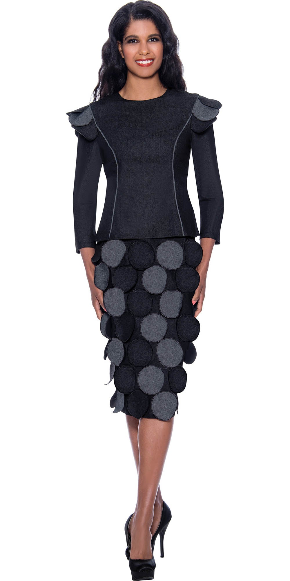 Devine Sport DS62792-Black - Soft Denim Skirt Suit Featuring Circular Petal Details