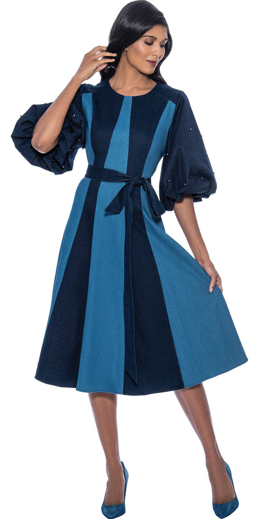 Devine Sport DS63161 Soft Stretch Denim Two Tone Front and Solid Back Dress with Puff Sleeves