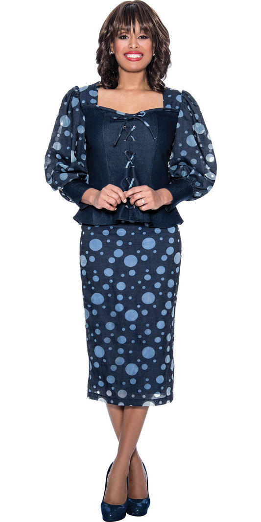 Devine Sport DS63182 Bubble Print Soft Stretch Denim Suit with Tie Pattern and Puff Sleeves