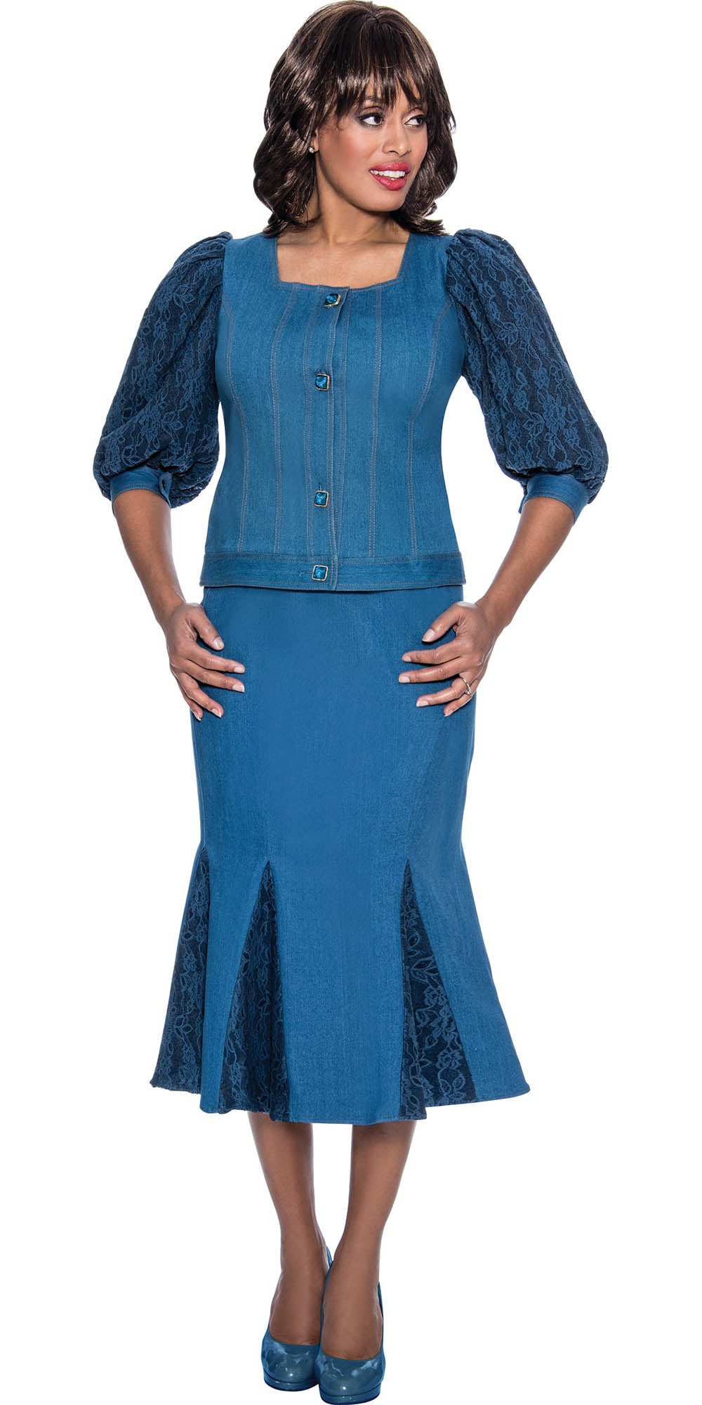 Devine Sport DS63322 - Soft Stretch Denim Suit with Lace Puff Sleeves and Skirt Insets