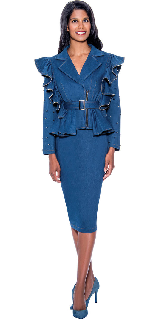 Devine Sport DS63462 - Soft Stretch Denim Skirt Suit with Ruffle Trim and Studs