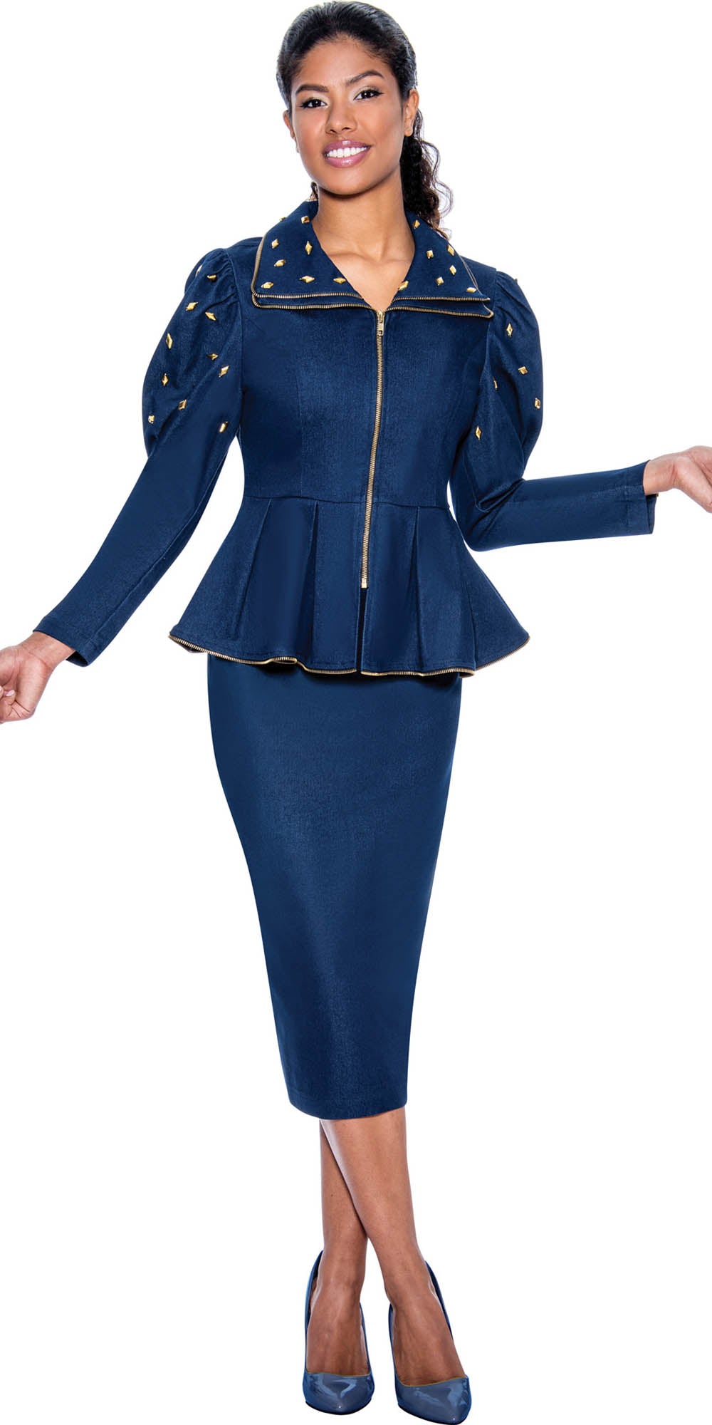 Devine Sport DS63482 - Soft Stretch Denim Skirt Suit with Peplum Top and Studs