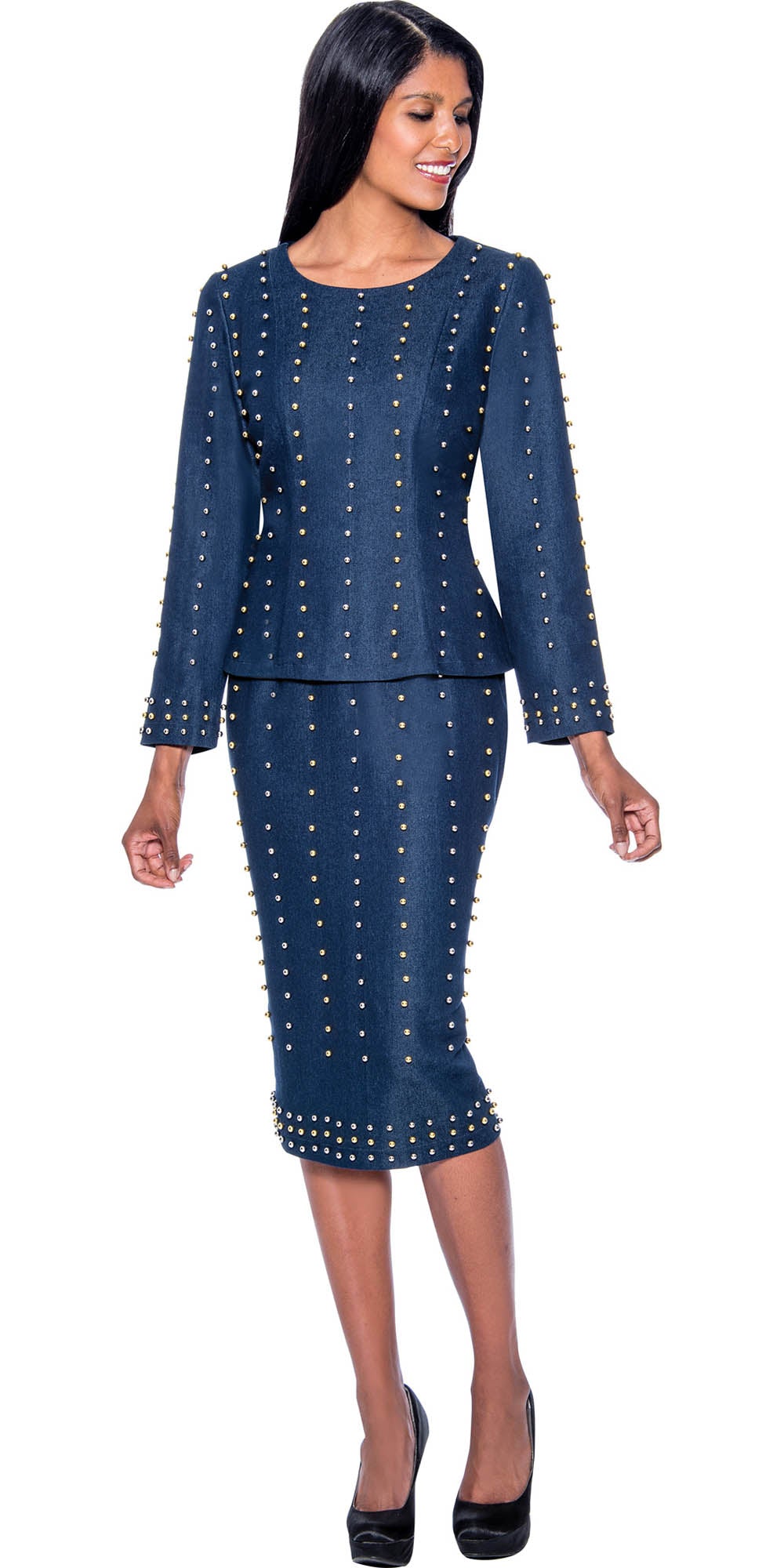 Devine Sport DS63672 - Navy Soft Stretch Denim Skirt Suit With Metallic Pearling