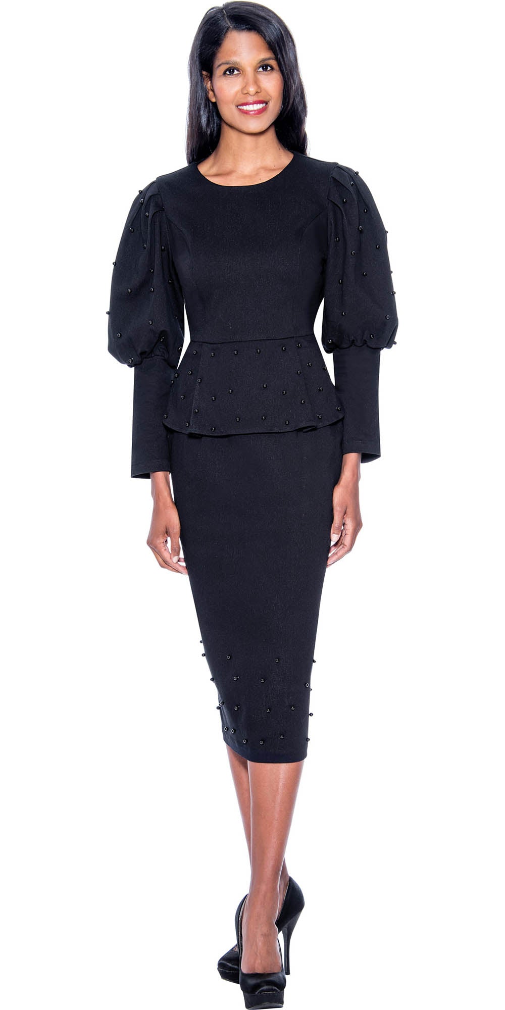 Devine Sport DS63682 - Soft Stretch Denim Skirt Suit With Black Pearling