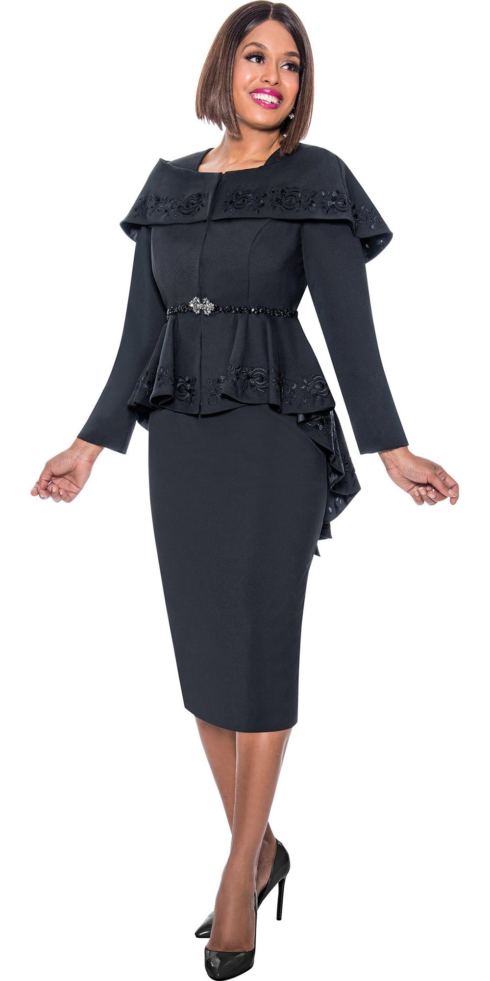 Divine Queen - DQ2162 - 2PC Embroidered Capelet High Low Peplum Skirt Suit