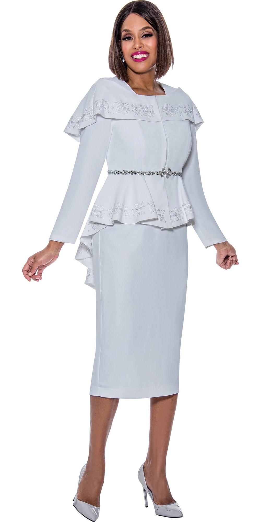 Divine Queen - DQ2162 - 2PC Embroidered Capelet High Low Peplum Skirt Suit