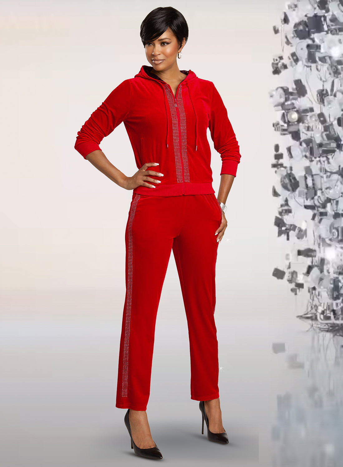 Donna Vinci Sport 21024 - Red High Quality Stretch Velour with Rhinestone Trim and Satin Lined Hoodie