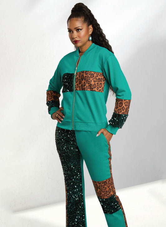 Donna Vinci Sport 21028 - High Quality Stretch Cotton Blend with Sequin Fabric and Animal Print Velvet