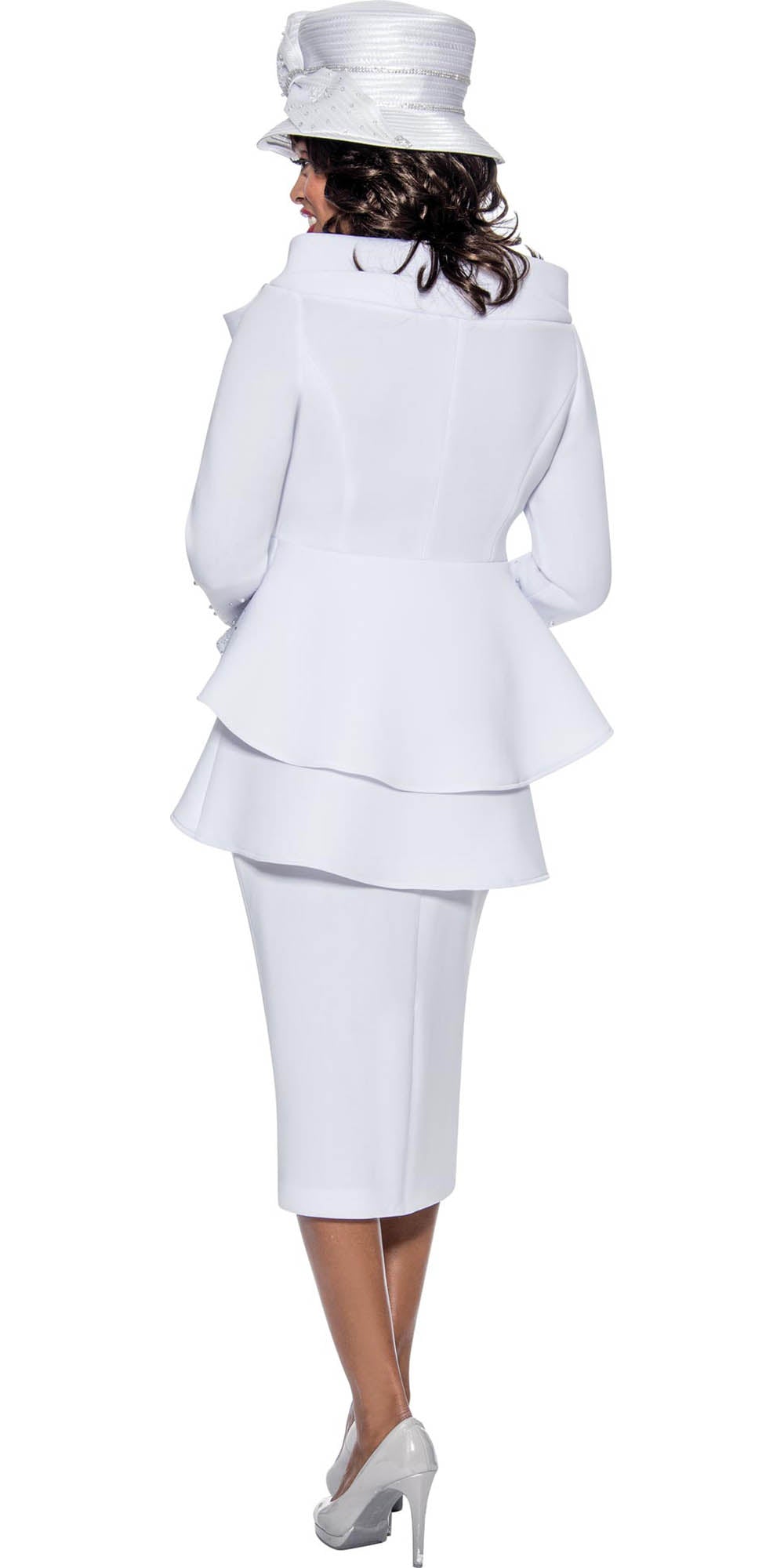 GMI G8982 - White - Bead and Gem Embellished Layered Peplum Womens Church Suit