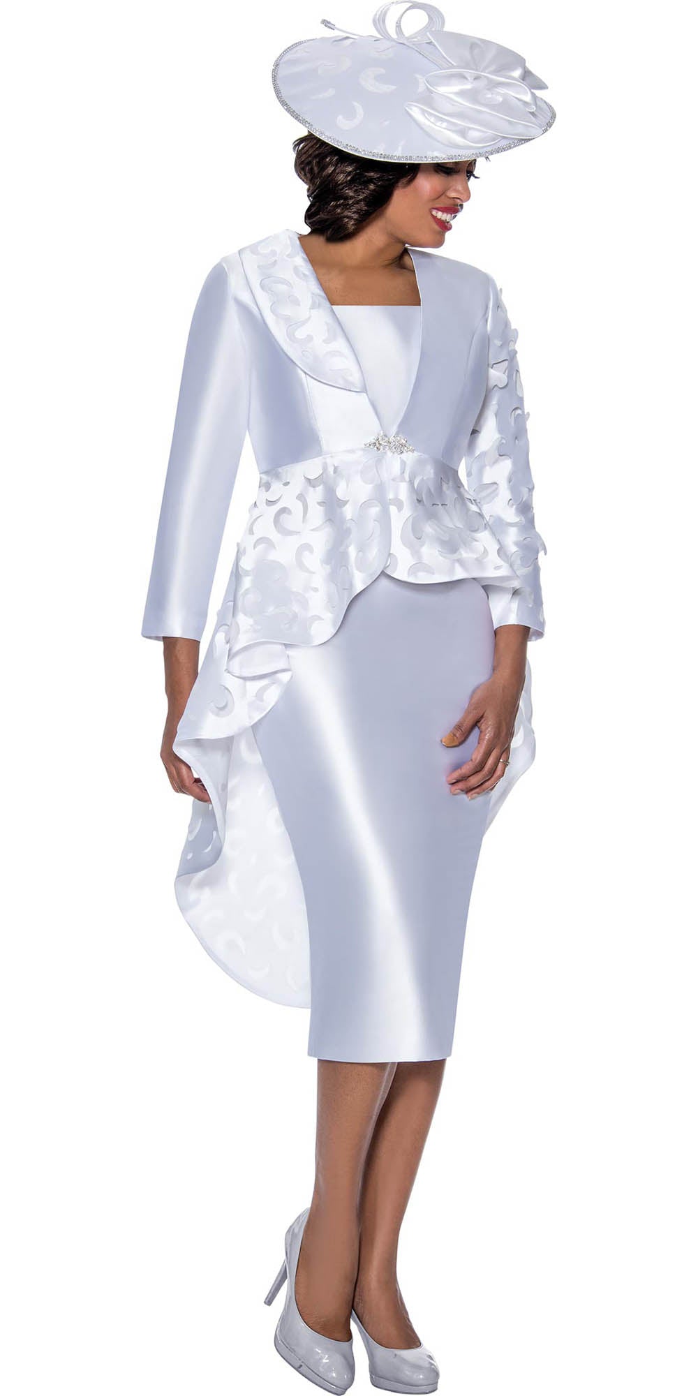 GMI G9003 - White - Layered Cutout High Low Jacket with Rhinestone Clasp Womens Suit